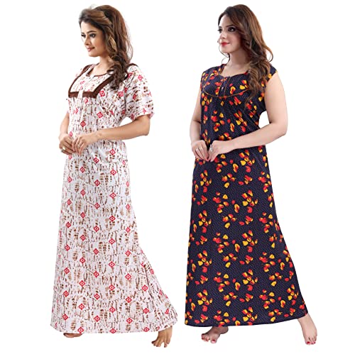 Image of YKI Women's /Girls Cotton Fabric Beautiful Print Nighty /Nightgown /Nightwear /Nightdress with Pocket (Pack of 2)