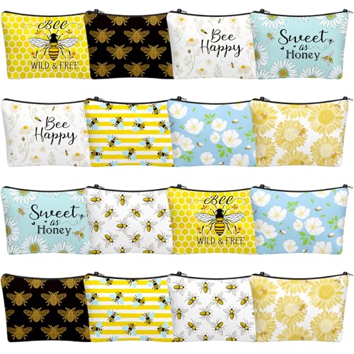 16 Pcs Funny Bee Cosmetic Bags Stuff Bulk Honey Queen Bee Inspirational Gift Makeup Bags Zipper Pouch for Women Beekeeper