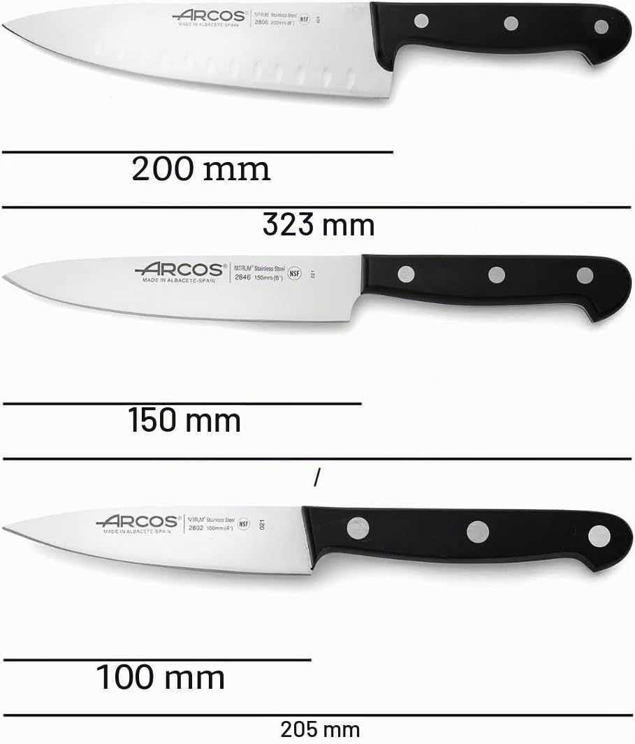 Arcos Set Coltelli 3 Pezzi in Acciaio Inossidabile Nitrum – Lama Professionale, Ideale per Cucina – Manico Ergonomico in Poliossimetilene POM, Serie Universal – Nero