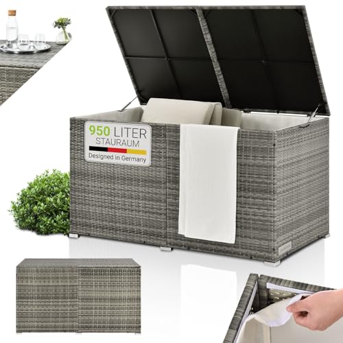Juskys Polyrattan Auflagenbox Ikaria 950 L inkl. Deckel mit Hubautomatik & Innenplane - Kissenbox 145 x 82 x 79 cm für Garten - Gartenbox grau-meliert