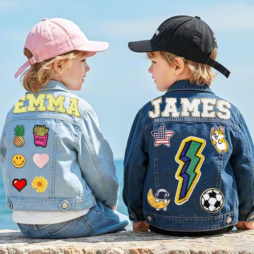Personalized Jean Jacket for Kids with Name Patches - Custom Toddler Girls Boys Denim Jacket - Spring Fall Clothes - Birthday Christmas Gifts for Children 1-82