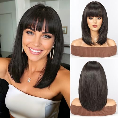 WOKESTAR Staright Wig with Fringe Synthetic Mid-length Layered Wigs for Women Natural Black Color, 22 inches