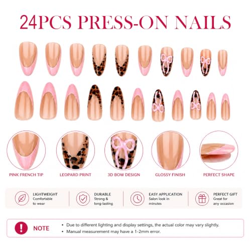 Image of Secret Lives Glossy Pink French Tip Press-On Nails with Leopard Print With 3D Bow Artificial Nail Art, 24-Piece Set with Kit