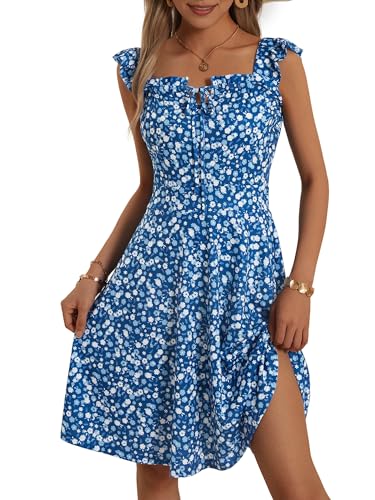 Image of HUHOT Summer Sun Dresses for Women 2025 Adjustable Square Neck Sleeveless Midi Floral Graduation Beach Casaul Sundresses