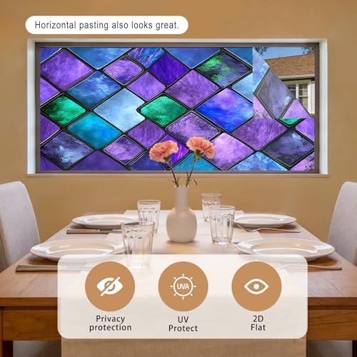 Image of Nuxovilar Stained Glass Window Film Purple Teal Diamond Pattern PVC 17.7 x 39.4 Inches Window Clings for Glass Surface Privacy Decor for Entryway Bedroom Sliding Door