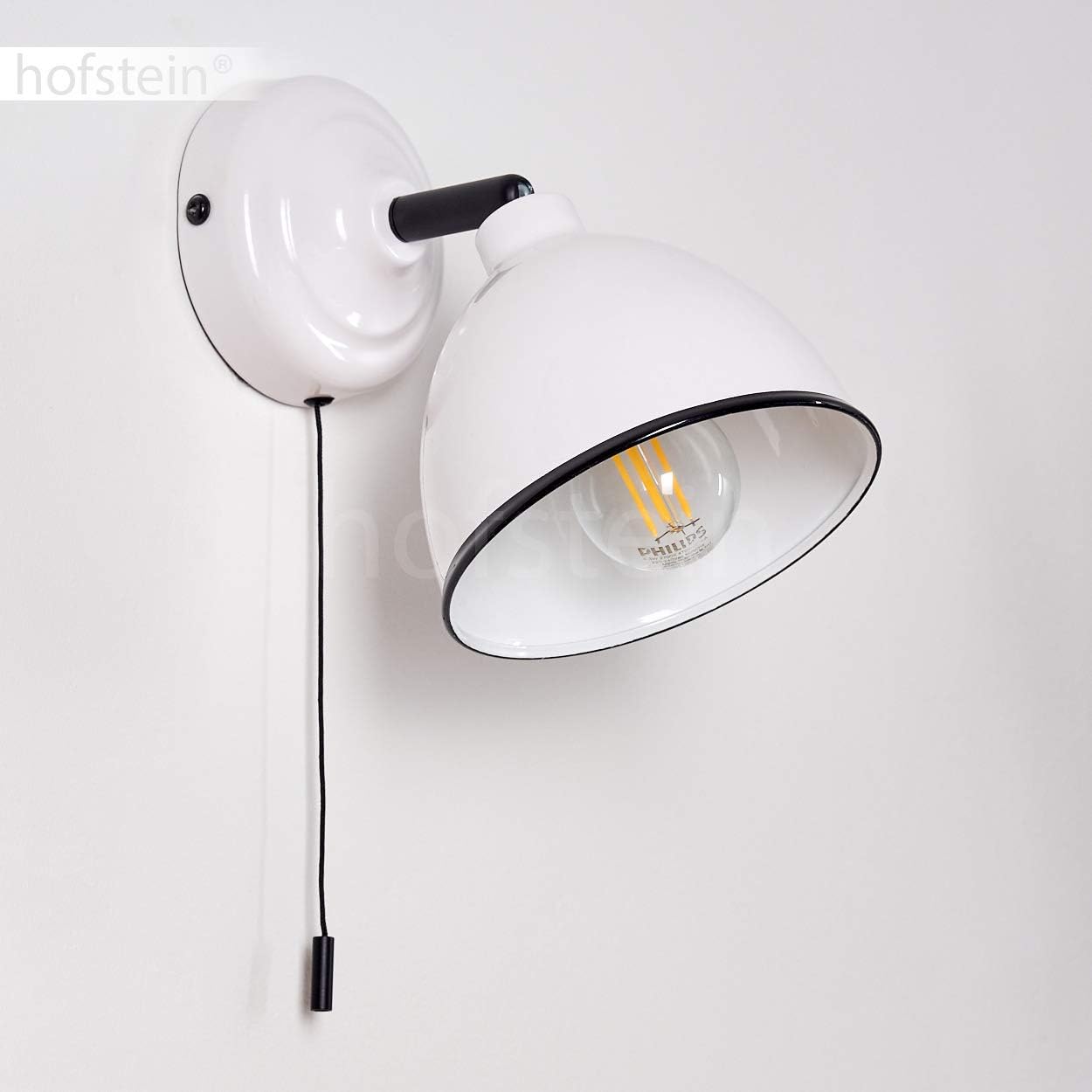 Close-up view of the Hofstein Catharine wall sconce showing an E14 bulb installed inside the white metal shade.