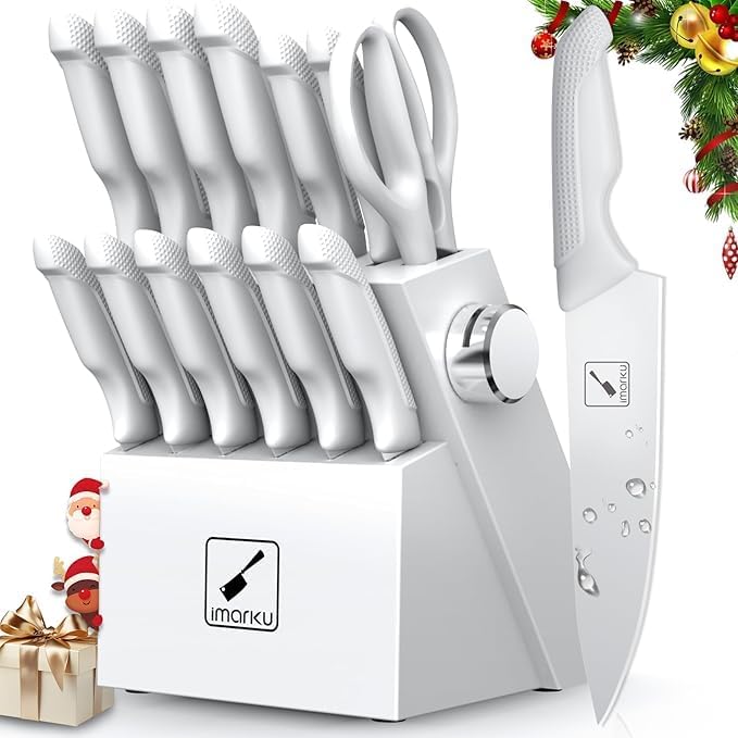 imarku® 14-Piece Kitchen Knife Set with Block and Sharpener, Professional Stainless Steel with Non-Slip Ergonomic Handle, Dishwasher Safe, Home Essential, Gray-White - Image 4