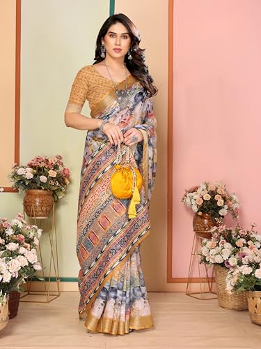 Image of Sidhidata Women's Cotton Linen Blend Lining Digital Printed Saree With Unstitched Blouse Piece (Linen Lining Saree)