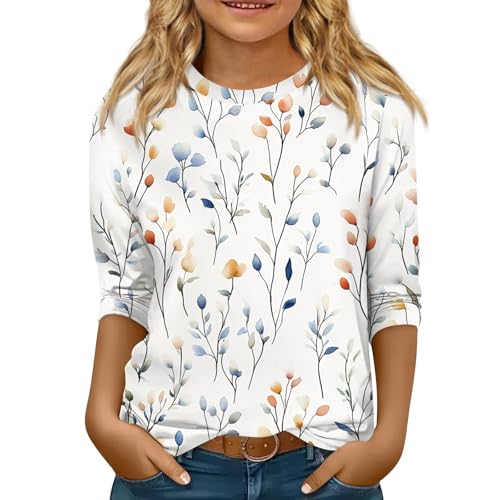 Cute Clothes for Teen Girls 3/4 Length Sleeve Crew Neck Shirts Floral Print Blouses Fall Winter Y2K Tops 5-16 Years