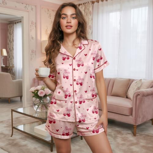 Image of Women 2PCs Satin Pajama Set Short Sleeve Silk Feel Gift Sleepwear