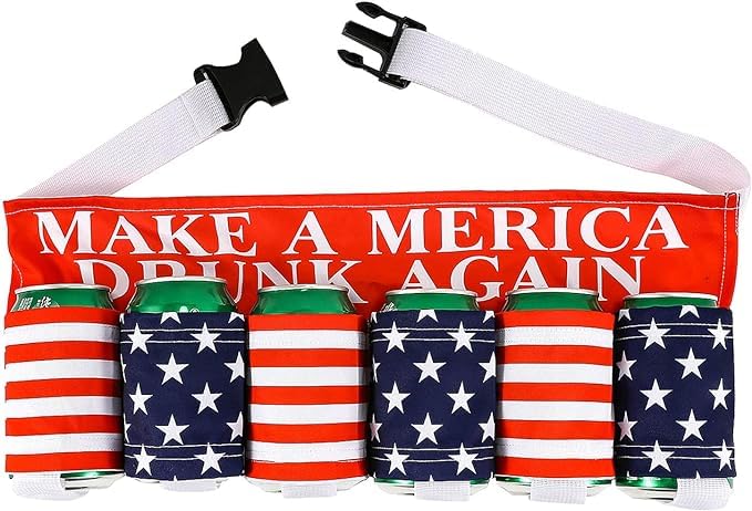 QCWN Insulated Beer Belt 6 Pack Beer Holder USA Patriotic Beer Jacket Waist Pack Fun Beer Accessories And Gifts For Men 4th Of July White Trash Party Attire