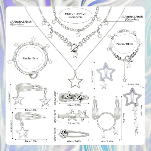 Quelay 13 Pcs Y2k Accessories Set Included Star Hair Clips Grunge Layered Necklace Star Bracelets Y2k Hair Accessories Vintage Jewelry Set for Women2