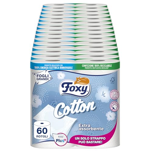 Foxy Cotton | Carta Igienica 5 Veli | 60 Rotoli, 115 Strappi per Rotolo, Fogli Extra Large, con Vere Fibre di Cotone | Certificazione FSC, 100% Energia Elettrica Rinnovabile, Confezione Riciclabile