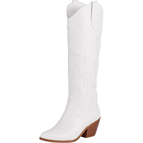 Foklysp Women's Cowboy Boots Classic Embroidered Almond Shaped Pointed Toe Pull-On Boots