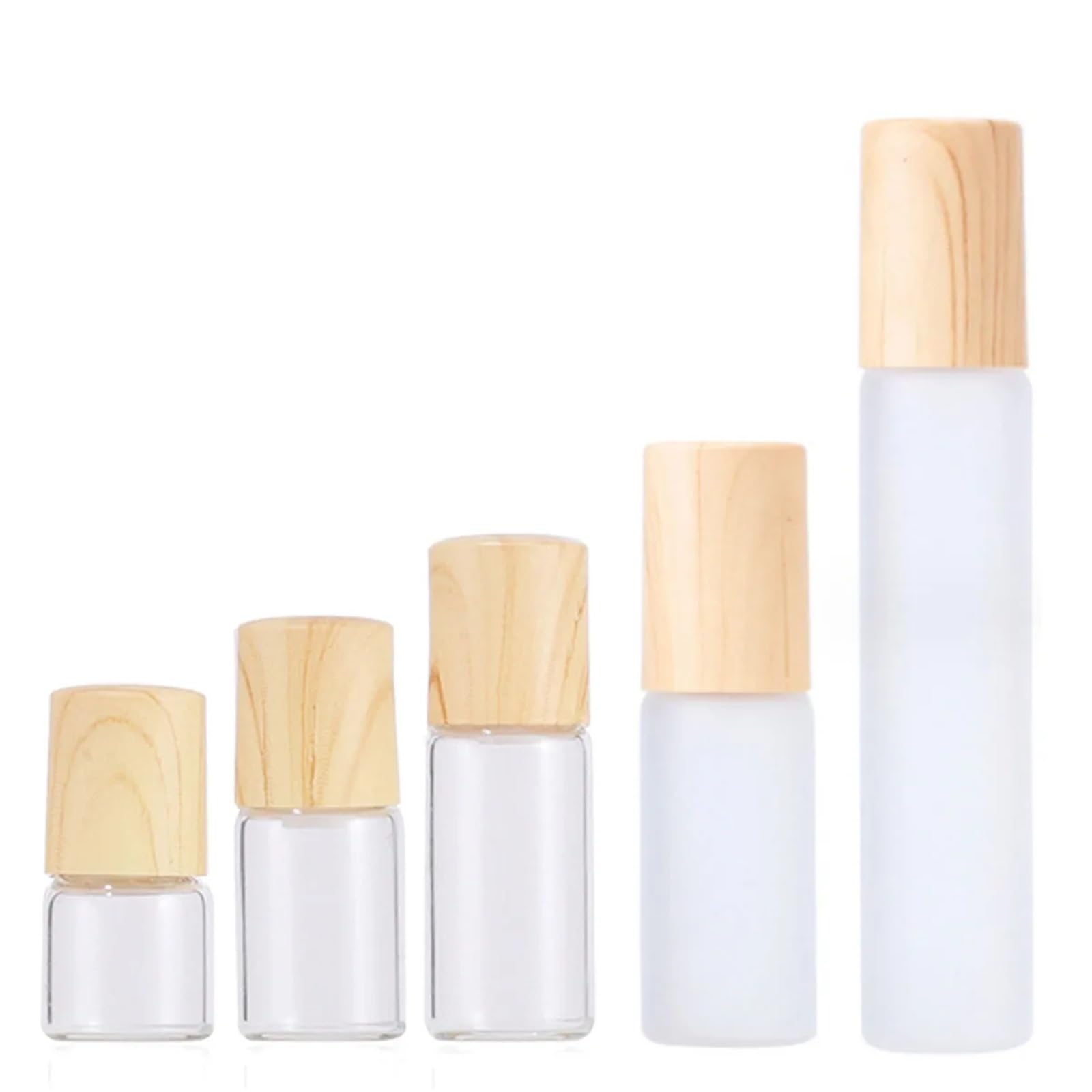 Roll On Flasche 20 x 50 x Rollflaschen aus Glas for ätherische Öle, 1/2/3/5/10 ml, mattiert, durchsichtig, Roll-On-Fläschchen, Holzoptik