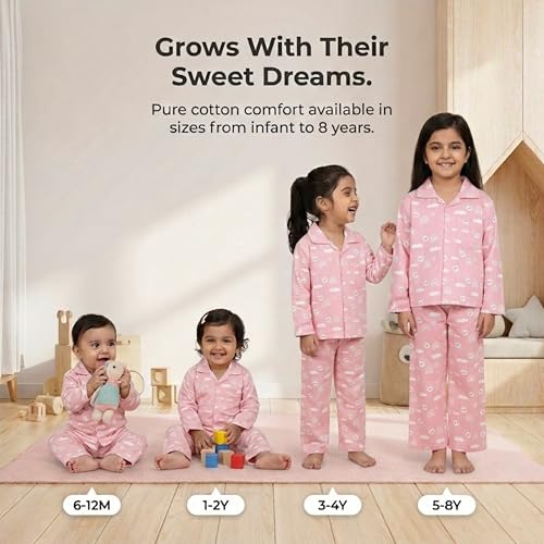 Image of The Mom Store Kids Cotton Night Suit for Boys and Girls | Breathable Night Dress for Kids Boys and Girls | Printed Nightsuit Pajama Set | Comfortable All-Season Sleepwear for Daily Use | Combo Set