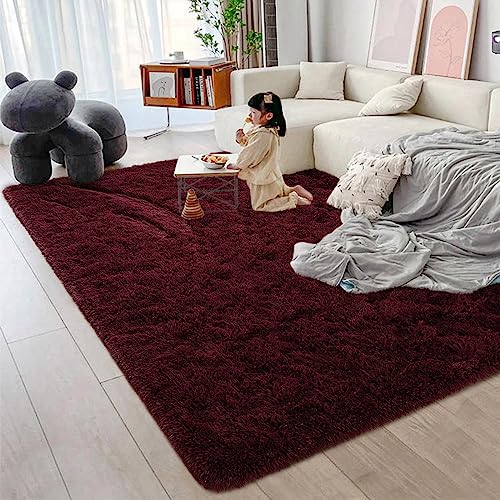 Jocovieh Soft Wine Red Rugs For Bedroom, 4X6 Feet Fluffy Carpets, Indoor Modern Plush Area Rugs For Living Room Kids Girls Room, Non-Slip Shag Rug For Nursery Home Decor, Wine Red #TOP1