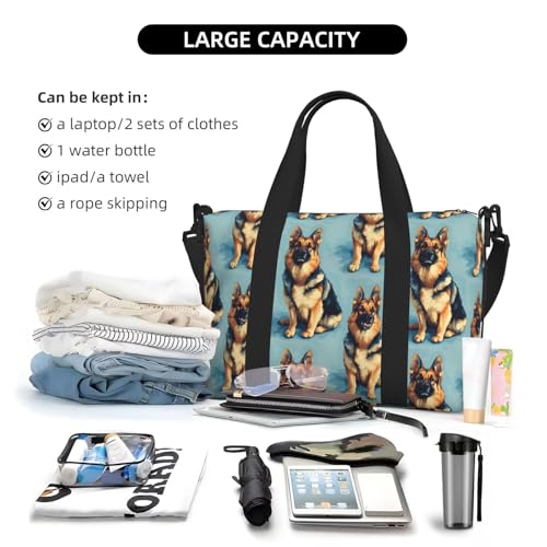 German Shepherd Dog Print Travel Duffle Bags for Women, Personal Item Overnight Weekender Sport Carry On Gym Bag for Men Women4
