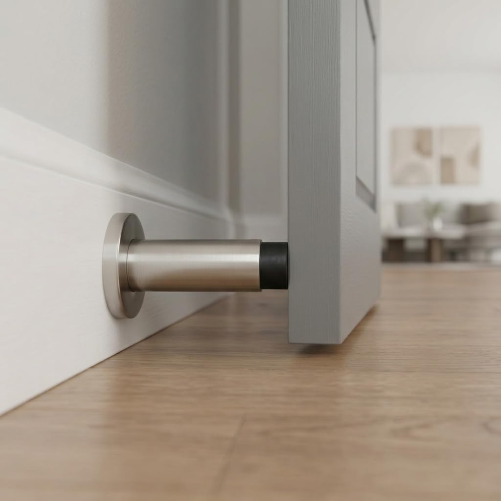 INOX Satin Stainless Steel Door Stoppers - Elegant Simple Style Door Stop with Durable Satin Finish, Heavy-Duty Wall Mounted Hardware, Scratch Protection, 3-3/16" Rise x 7/8" Wall Mount DSIX04-32D