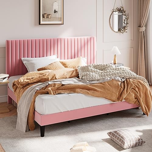 Image of SHA CERLIN King Upholstered Platform Bed Frame with Adjustable Headboard /Vertical Channel Tufted Velvet Fabric /Wooden Slats Support /Mattress Foundation /Box Spring Optional /Pink