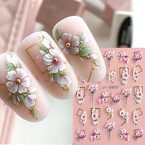 Flower Nail Art Stickers 5D Embossed Spring Summer Nail Stickers Decal Nail Art Supplies For Acrylic Nail Pink White Floral Leaf Cherry Blossom Adhesive Nail Design For Women Girls Manicure Decor #TOP12
