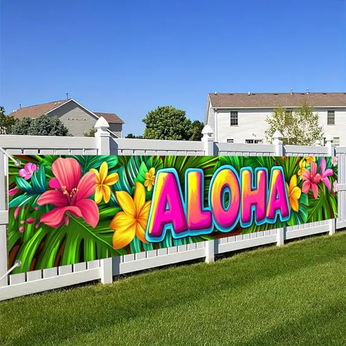 Image of HOMETITUTE Aloha Banner Luau Decorations 118 x 20 Inch Hawaiian Banner Tropical Hello Summer Backdrop Aloha Sign for Pool Party Backyard Summer Beach Tiki Bar Outdoor Photo Booth