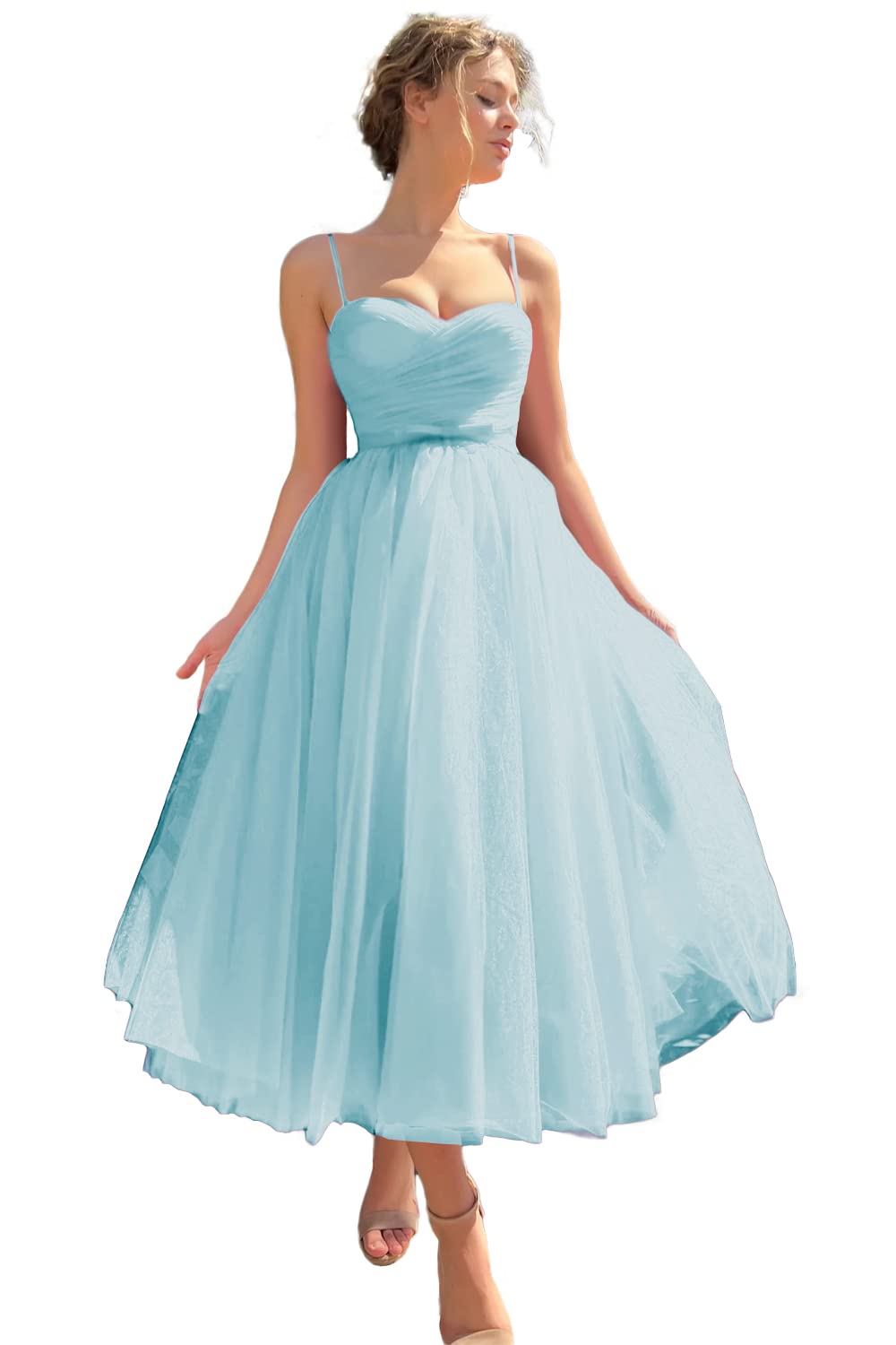 Sevintage Spaghetti Straps Tulle Prom Dress Tea Length Formal Party Evening Dress with Pockets