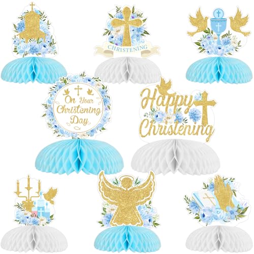 Funmemoir Christening Decorations for Boys - 8pcs Blue Happy Christening Honeycomb Centerpiece On Your Christening Day Table Centerpiece for Baptism Party First Holy Communion Decorations