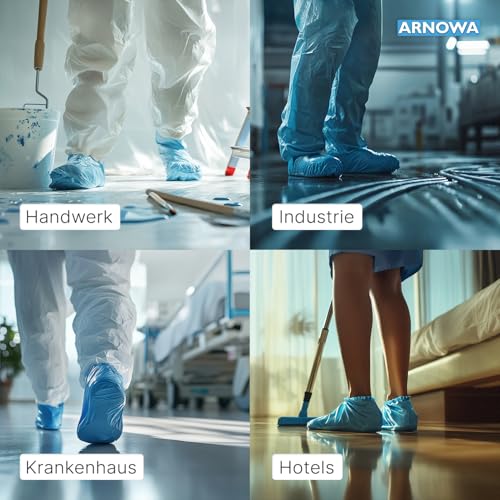ARNOMED 100x Schuhüberzieher Einweg [WASSERDICHT], Galoschen, Schuh Überzieher Einweg, Starke Überschuhe Latexfrei, Einheitsgröße Wasser, und Staubdicht, Klassik 3g Starkem CPE Material