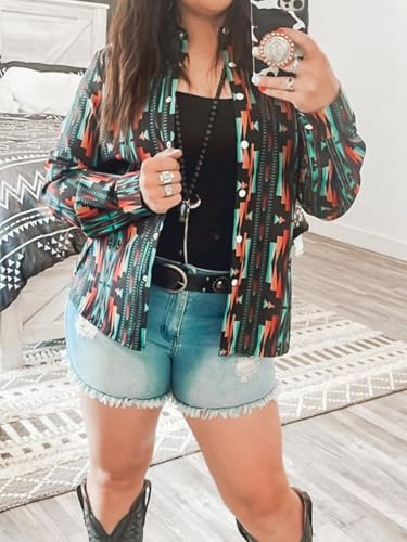 Womens Retro Aztec Pearl Snap Shirts Lapel Button Up Blouse Long Sleeve Cowgirl Ethnic Print Rodeo Western Tops 6