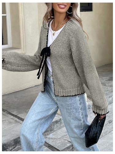GORGLITTER Women's Tie Front Cardigan Bow Y2K Long Sleeve V Neck Chunky Knit Sweater3