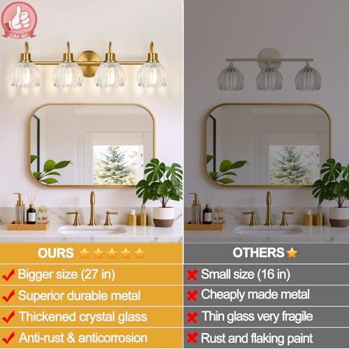Image of 4-Light Bathroom Light Fixtures, 27 inch Brushed Gold Vanity Lights for Bathroom with Ribbed Clear Tulip Glass Shade, Vintage Bathroom Vanity Lighting Fixtures Over Mirror for Bedroom Living Room Hallway
