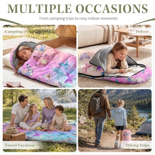 Bolsa de dormir WeCozy Butterfly rosa para niños, ligera impermeable para 3 estaciones, con saco compresor para camping, uso interior y mochilero miniatura 6