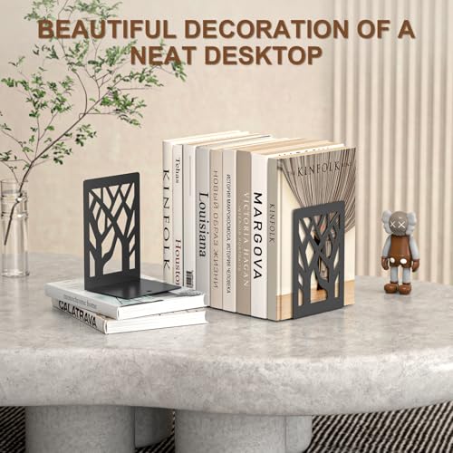 VFINE 4-Piece Modern Metal Bookends for Shelves, Black Tree Book Ends for Books, Decorative Book Organizer for Desk, Non-Skid Shelve Bookends for Home Office - Thumbnail 5