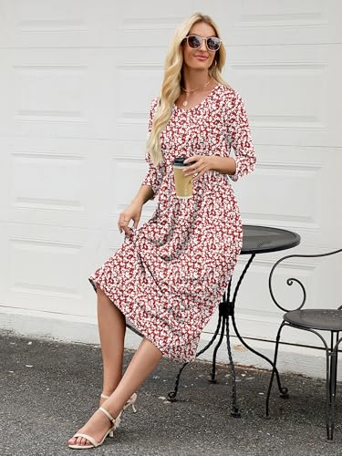 Image of Heymoments Women's Casual 3 /4 Sleeve Midi Dress Crewneck A Line Tiered Flowy Loose Travel Long Dresses with Pockets