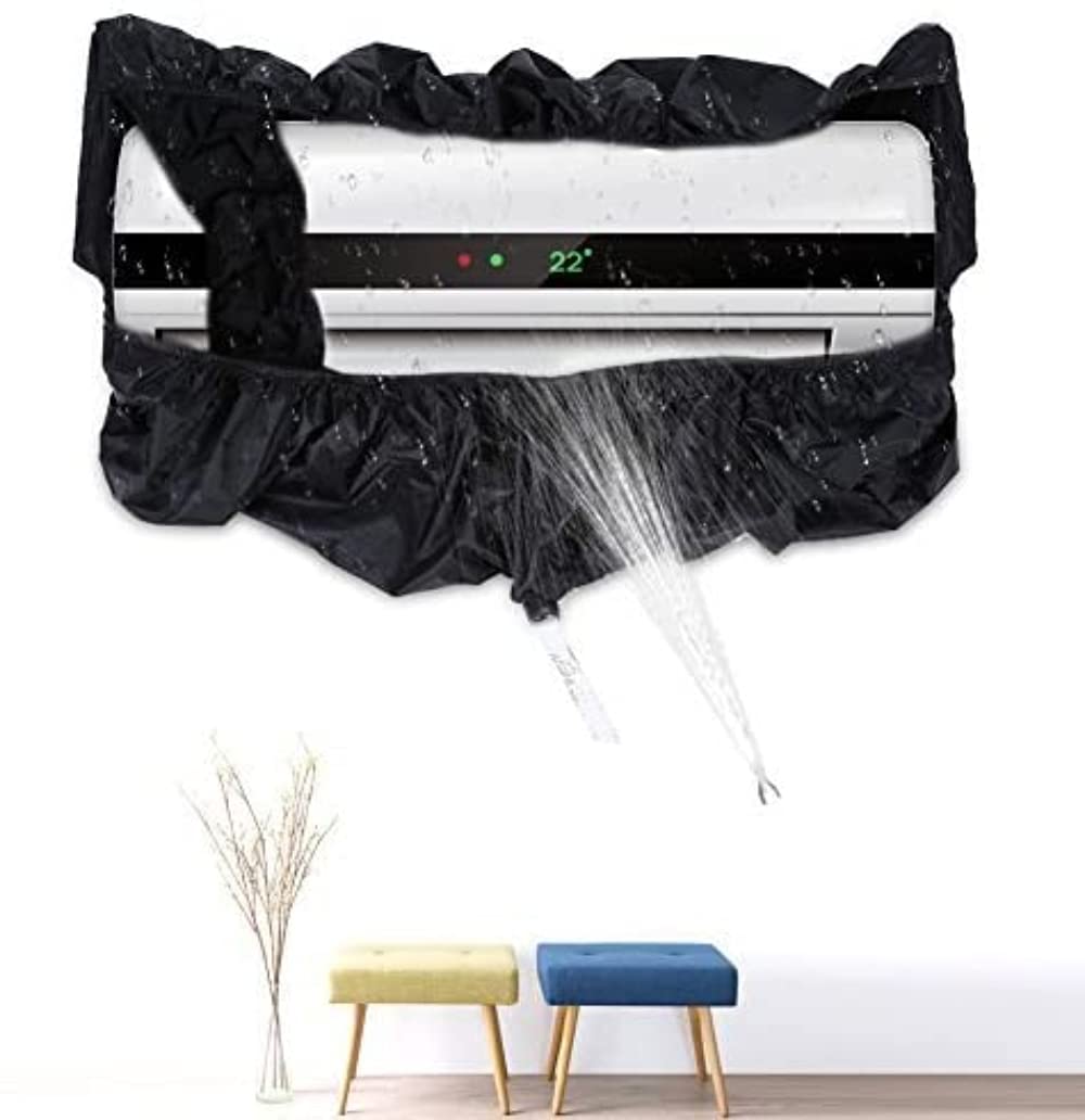 GT Air Conditioner Waterproof Cleaning Cover with Water Pipes,Household Dust Washing Clean Protector with Water Pipe for 1-1.5P 2-3P Air Conditioning,Black (1-1.5P)