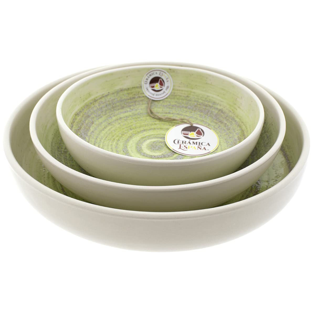 CERÁMICA ESPAÑA | Ceramiczna salaterka | Oryginalne salaterki sałatkowe | Dekoracja Salaterki Piasek Zielony Woda Zestaw x3 - Model M04 | 100% ręcznie robiona dekoracja | 27x27x6 + 22x22x6 + 18x18x5,5 cm