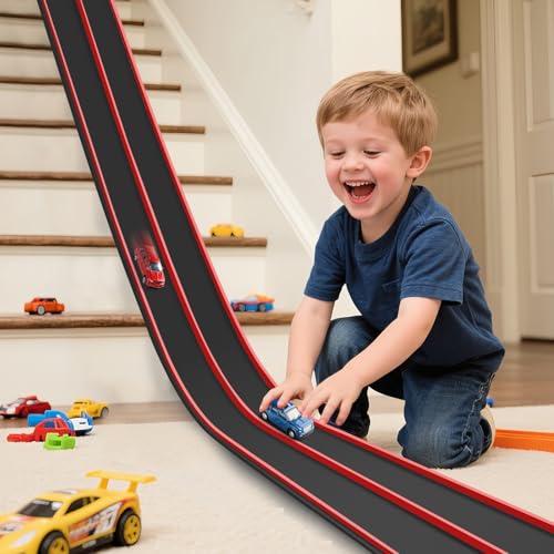 Image of Flexible Race Track for Kids, 15Ft Flexible Car Track Race Car Track Compatible with Hot Wheels and Diecast 1 /64th Cars, Flex Tracks Roll Up Race Ramp Toy with Strong Suction Cups