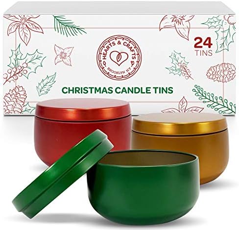 Hearts & Crafts Holiday Candle Tins 8 oz with Lids - 24-Pack of Bulk Candle Jars for Making Candles, Arts & Crafts, Storage, Gifts, and More - Red, Green & Gold Empty Candle Jars with Lids