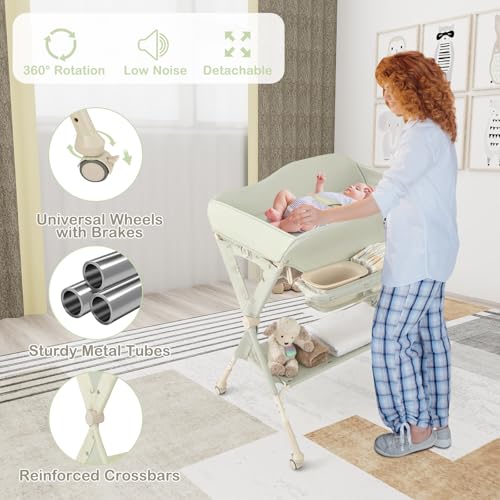 Image of HONEY JOY Changing Table, Folding Mobile Diaper Nursery Organizer w /Wheel, 3 Adjustable Heights, Storage Bag & Open Shelf, Water Basin, Portable Baby Changing Station for Newborn Infant(Green)