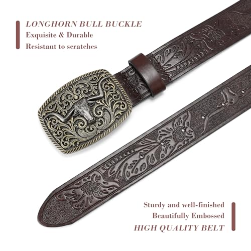 Western Cowboy Genuine Leather Belt with Longhorn Bull Buckle and Floral Engraving2