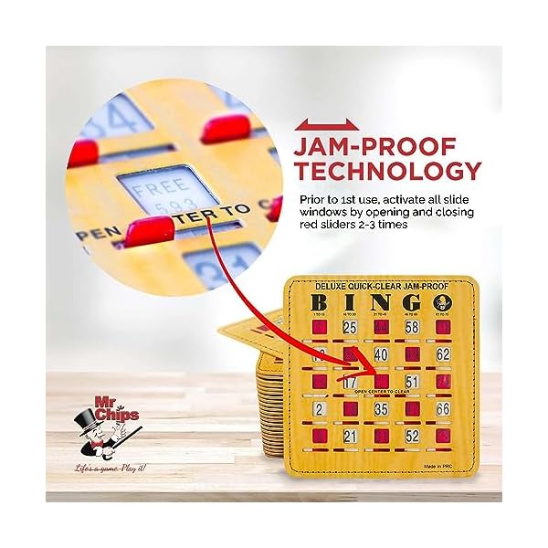 MR CHIPS Bingo Game with 50 Jam-Proof Quick-Clear Stitched Fingertip Slide Bingo Cards, 75 Bingo Calling Cards, 1 Bingo Master Board - Woodgrain Style 516HQbQtsAL. SS600