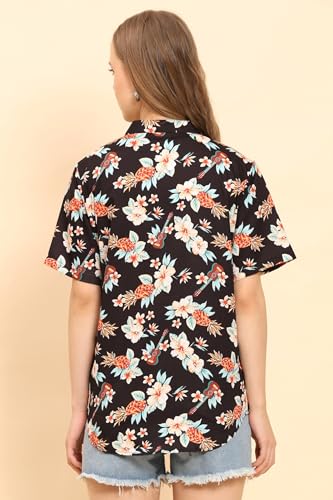 Image of Womens Casual Shirt Soft Beach Shirts Floral Tropic Print V Neck T-Shirt Short Sleeve Button Up Tops