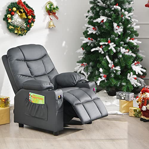 Image of Costzon Kids Recliner Chair with Cup Holder, Adjustable Lounge Chair w /Footrest & Side Pockets for Children Boys Girls Room, Ergonomic Toddler Furniture Sofa, Kids Recliner (Grey)