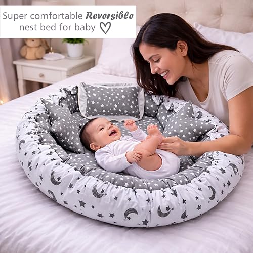 Image of Infantbond Designer Mattress with Net | Baby Carry Bag | 4 Pcs Bedding | 1 Nest(0-6 Months) (Moon Grey)
