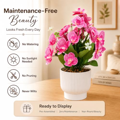 Image of CURATED CART Flower Pot with Artificial Flowers - Orchid Pink Flower with White Vase | Ideal for Home Decor | Office Decor | Gifting | Size 25 x 15cm