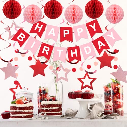 Image of Birthday Decorations Happy Birthday Banner with Honeycomb Balls | 16pcs Birthday Set: 1 Banner+6 Honeycomb Balls+8 Star Spirals+1 Circle Dots, Happy Birthday Decor - Red