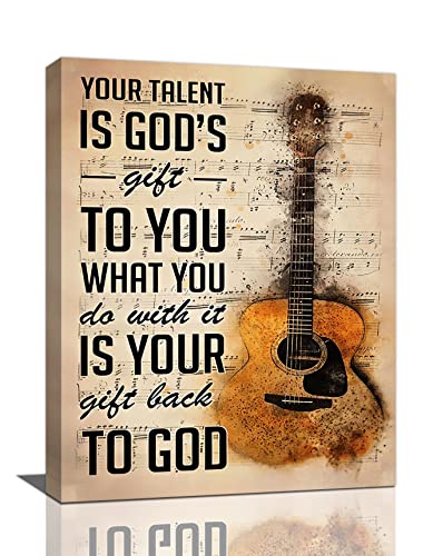 Tourrest Vintage Guitar Bedroom Wall Art Music Notes Pictures Guitar Inspirational Quotes Canvas Painting Retro Music Decor Guitar Framed Artwork For Music Studio Bedroom Dormitory 12 Inchx16 Inch cover