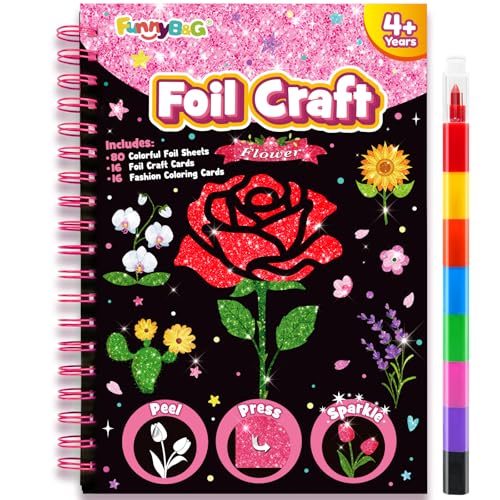FUNNYB&G Foil Art Craft Kit for Girls 4-10 Years Old: Mess-Free & No-Glue, Create 16 Sparkly Flower Pictures – Perfect Travel Toy & Birthday Gift for Kids(Flower)