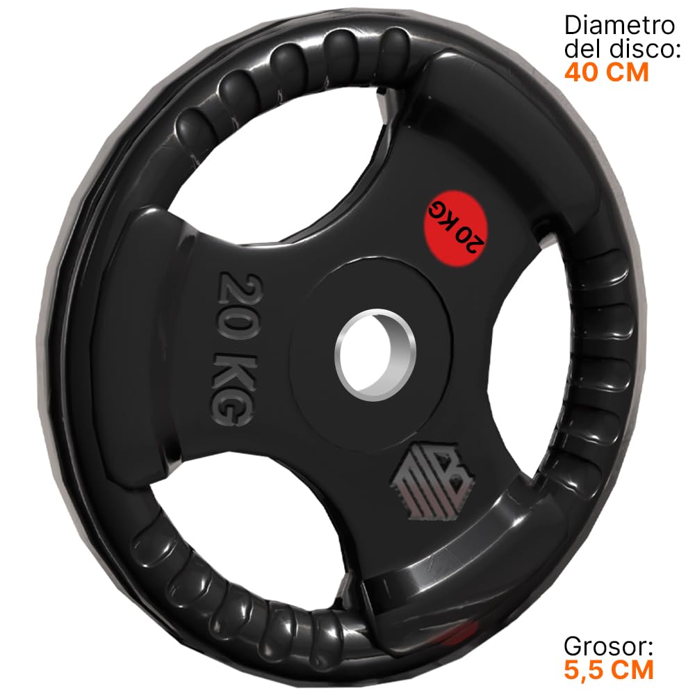 ManiBoom Discos Pesas Hierro ENGOMADO 30mm y 50mm Olimpica con Anillo Interior de Acero y Triple Agarre ERGONOMICO - Disco para Barra o Mancuernas 2,5kg, 5kg, 10kg, 15kg, 20kg